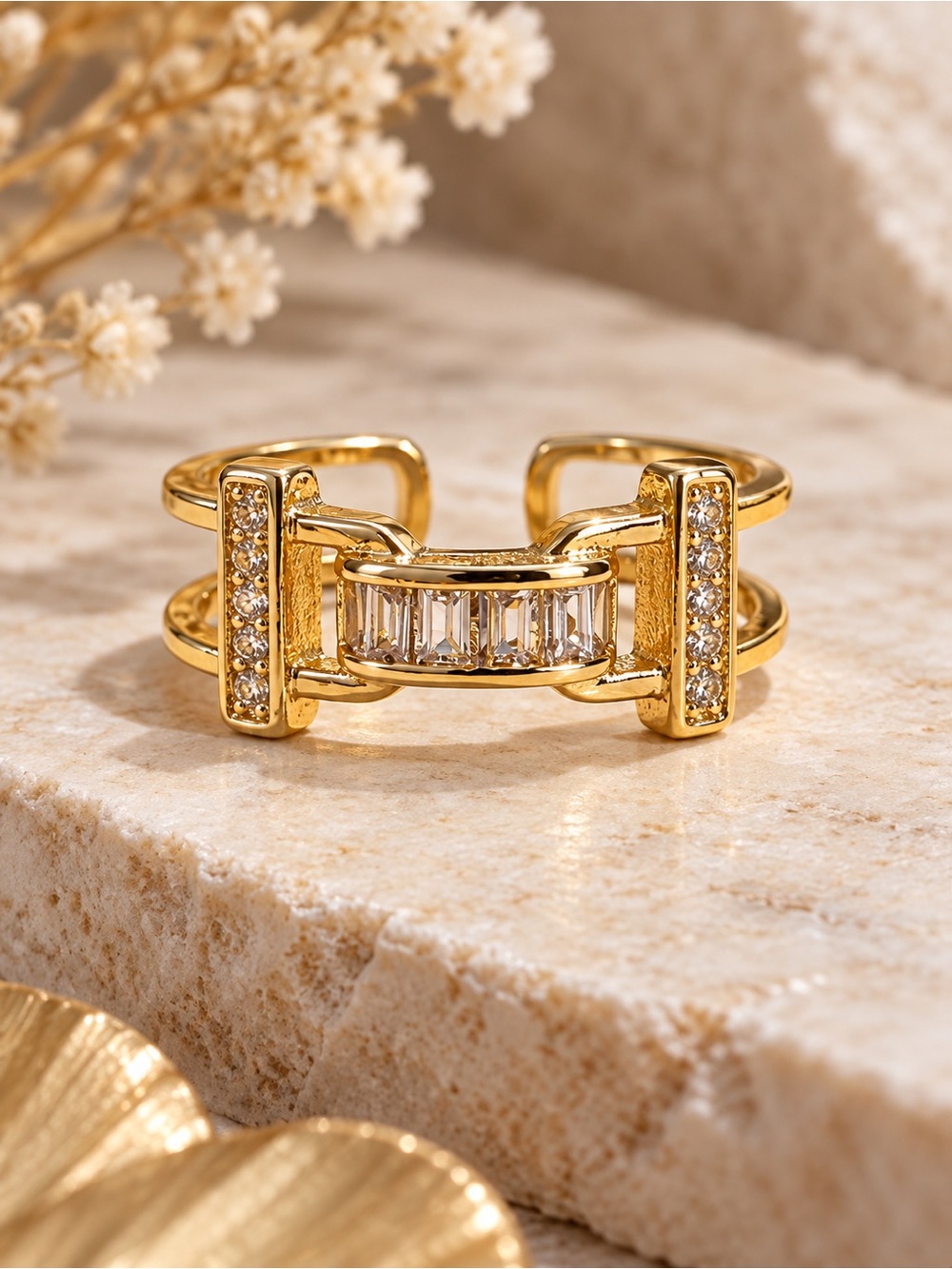 Gold Tone Open Adjustable Baguette Crystal Statement Ring